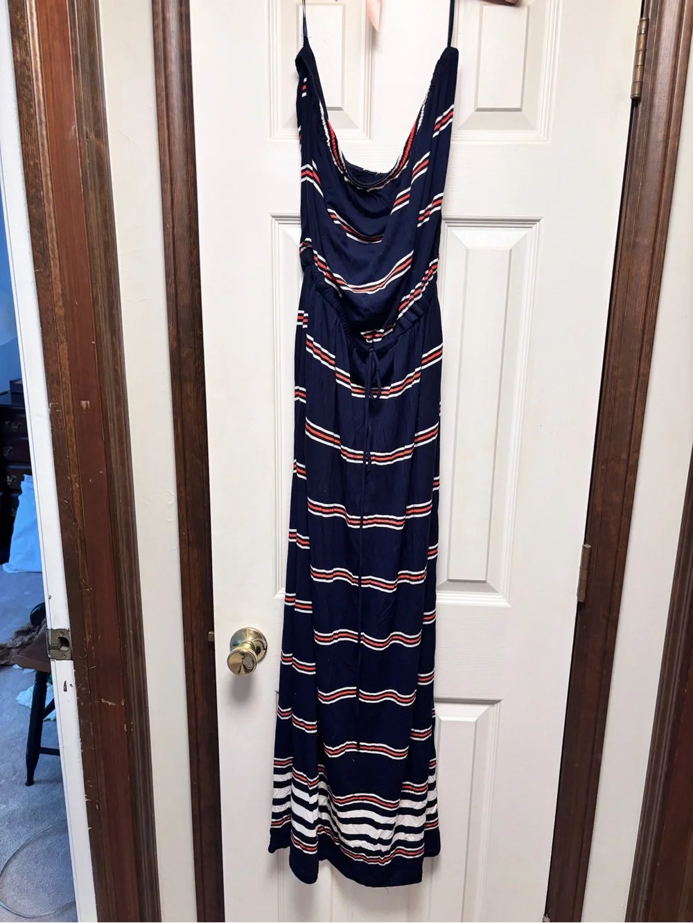 J. Crew Navy Striped Maxi Dress with Orange and White Accents, with pockets